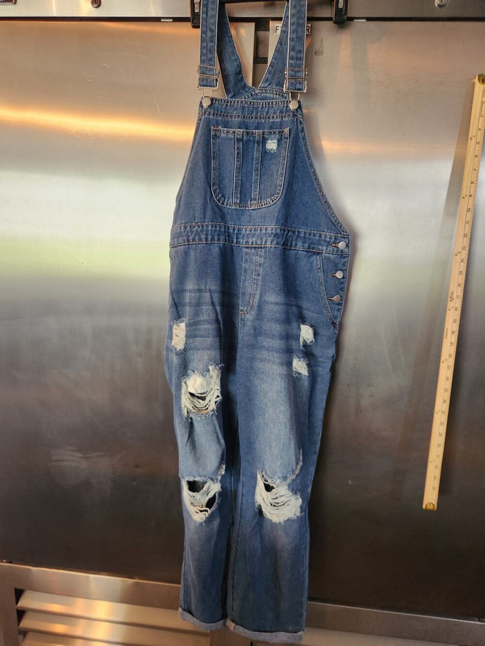 SHEIN Curve Denim Bib Overalls Women's Plus Size 1XL Distressed Blue Wash
